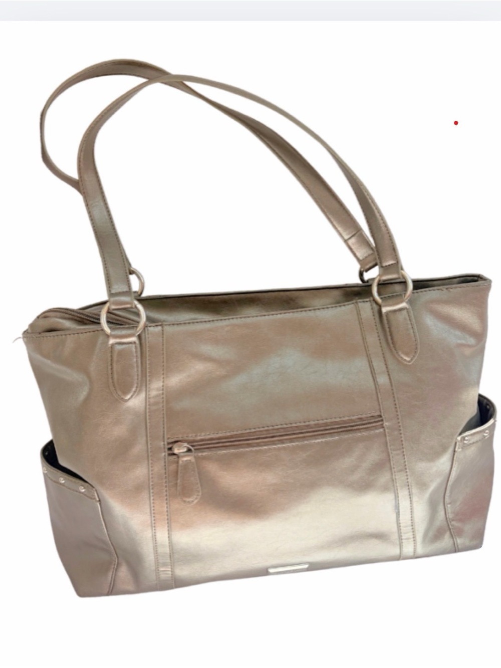 Franco Sarto Taupe Metallic Leather Tote Bag with Rivet Detail, Pewter